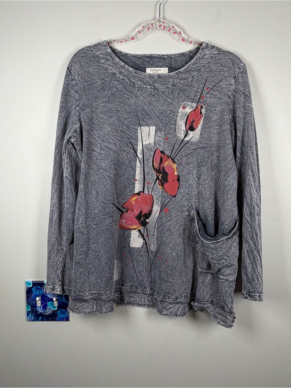 Jess & Jane Women's Gray Mineral Washed Cotton Tunic Top Poppy Artsy Boho Large